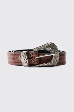 Brown Western Embossed Belt | BoohooMAN UK