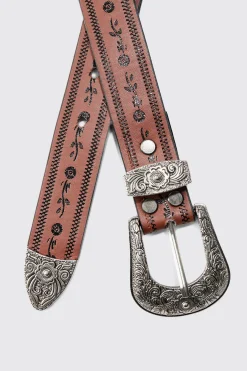 Brown Western Embossed Belt | BoohooMAN UK