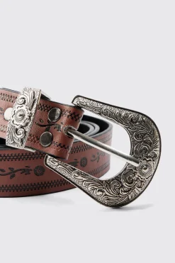 Brown Western Embossed Belt | BoohooMAN UK