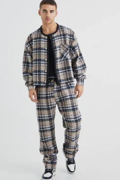 Brushed Check Boxy Bomber Jacket & Straight Leg Trouser | BoohooMAN UK