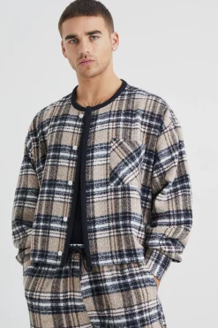 Brushed Check Boxy Bomber Jacket & Straight Leg Trouser | BoohooMAN UK