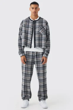 Brushed Check Boxy Bomber Jacket & Straight Leg Trouser | BoohooMAN UK