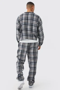 Brushed Check Boxy Bomber Jacket & Straight Leg Trouser | BoohooMAN UK
