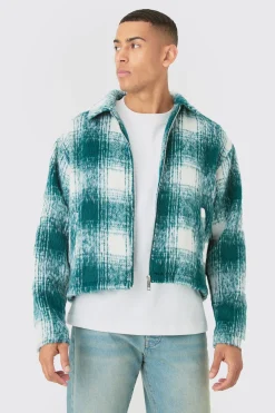 Brushed Check Collared Harrington Jacket In Green | BoohooMAN UK