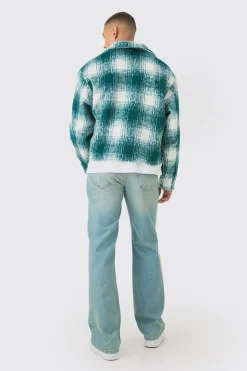 Brushed Check Collared Harrington Jacket In Green | BoohooMAN UK