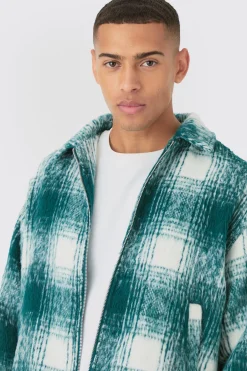 Brushed Check Collared Harrington Jacket In Green | BoohooMAN UK