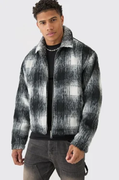 Brushed Check Collared Harrington Jacket In Black | BoohooMAN UK
