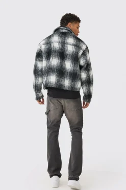 Brushed Check Collared Harrington Jacket In Black | BoohooMAN UK
