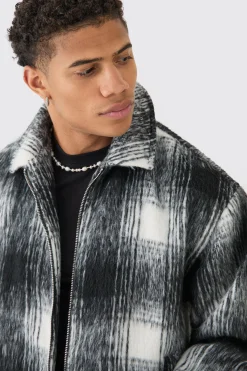 Brushed Check Collared Harrington Jacket In Black | BoohooMAN UK