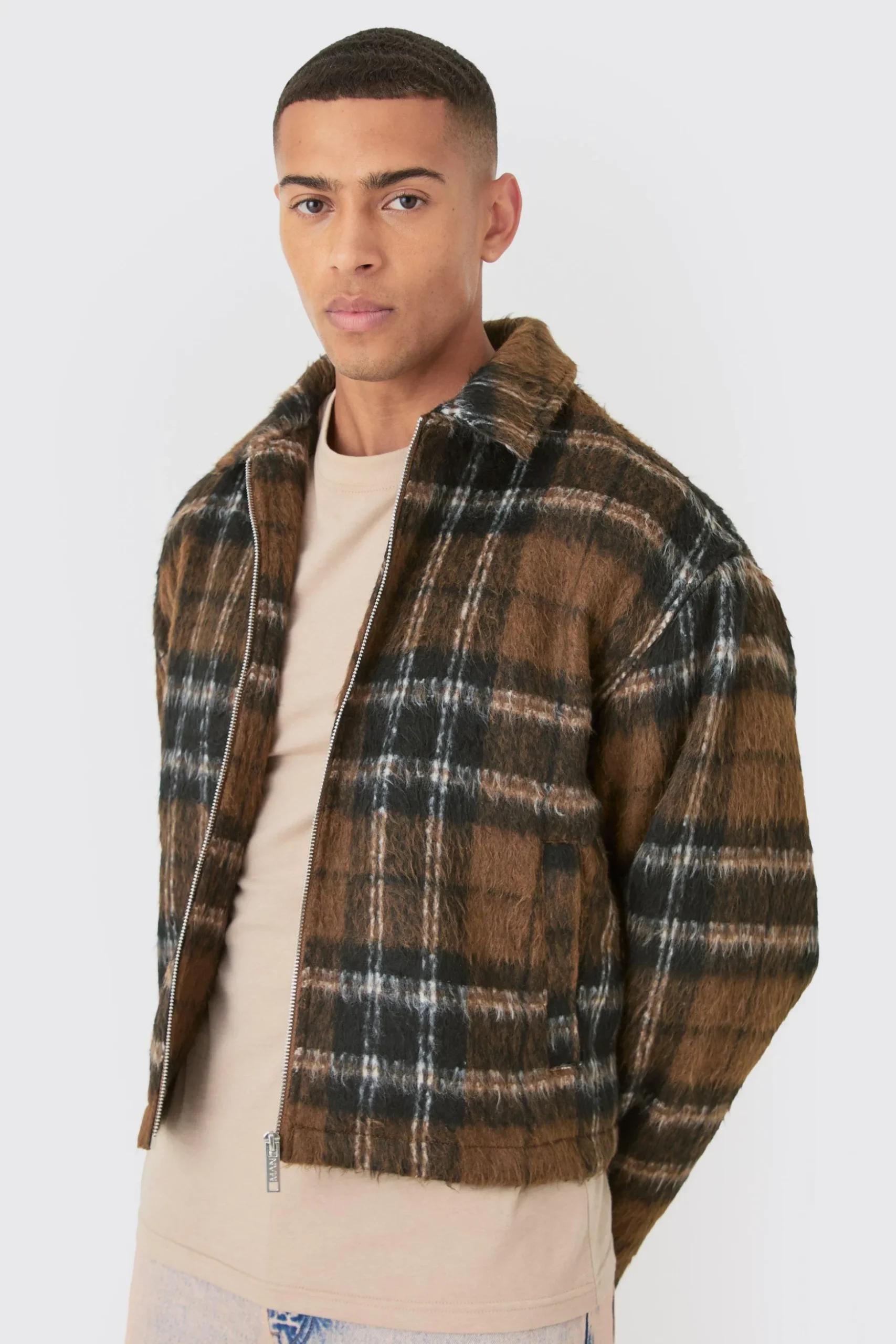 Brushed Check Collared Harrington Jacket In Brown | BoohooMAN UK
