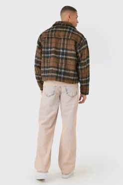 Brushed Check Collared Harrington Jacket In Brown | BoohooMAN UK