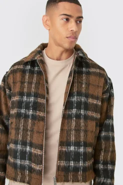 Brushed Check Collared Harrington Jacket In Brown | BoohooMAN UK