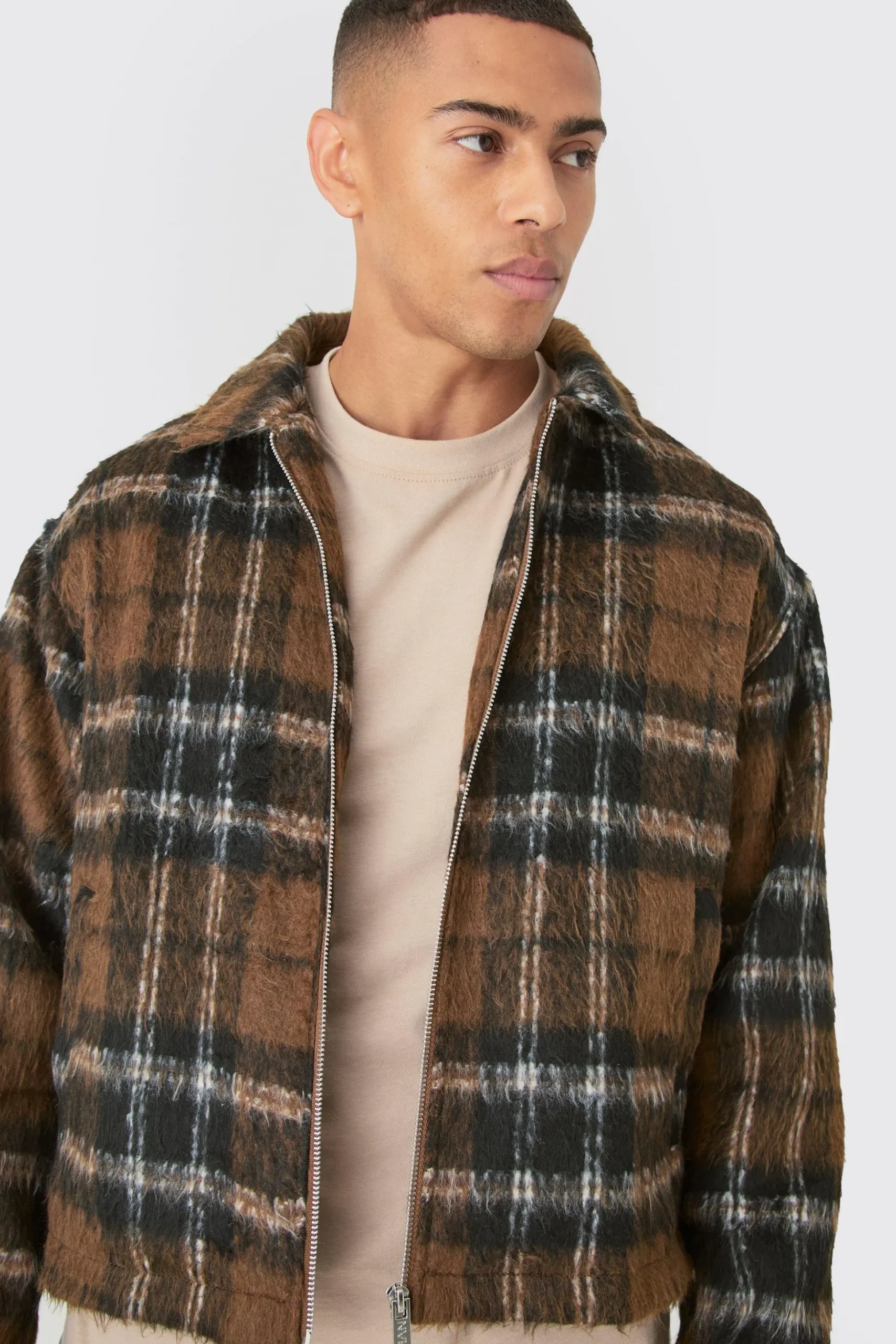 Brushed Check Collared Harrington Jacket In Brown | BoohooMAN UK