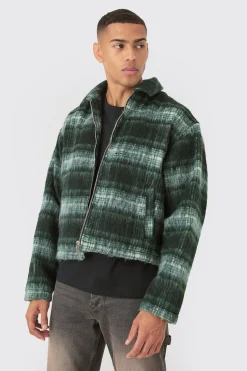 Brushed Check Collared Harrington Jacket In Green | BoohooMAN UK