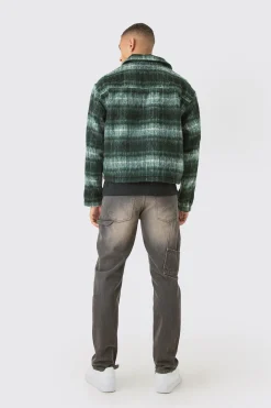 Brushed Check Collared Harrington Jacket In Green | BoohooMAN UK