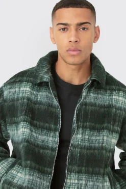 Brushed Check Collared Harrington Jacket In Green | BoohooMAN UK