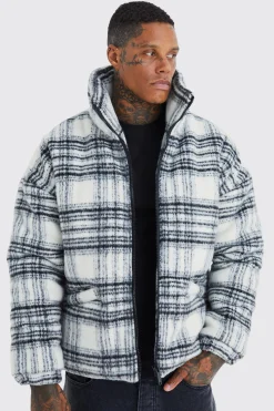Brushed Check Funnel Neck Puffer | BoohooMAN UK