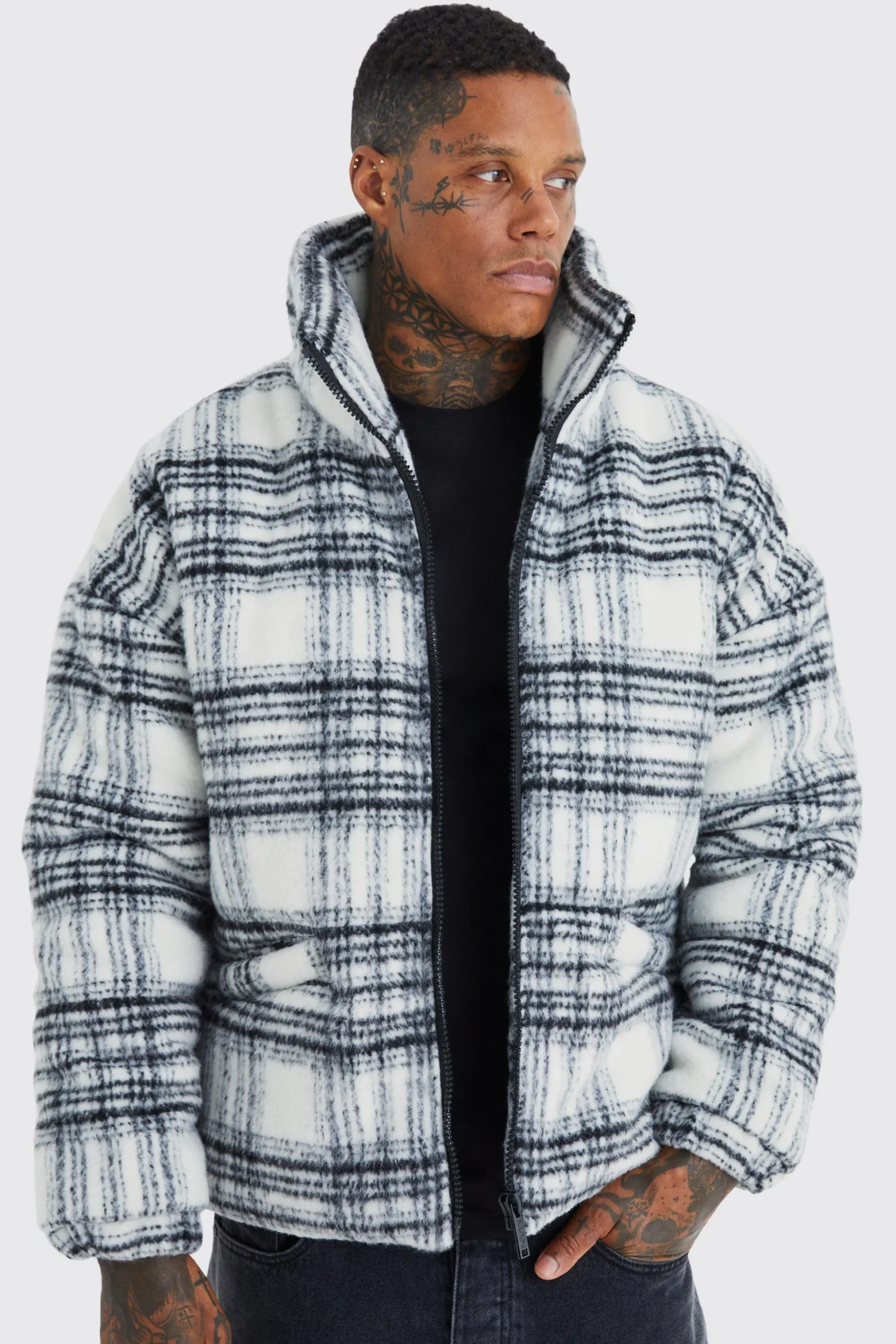 Brushed Check Funnel Neck Puffer | BoohooMAN UK