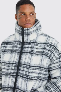 Brushed Check Funnel Neck Puffer | BoohooMAN UK
