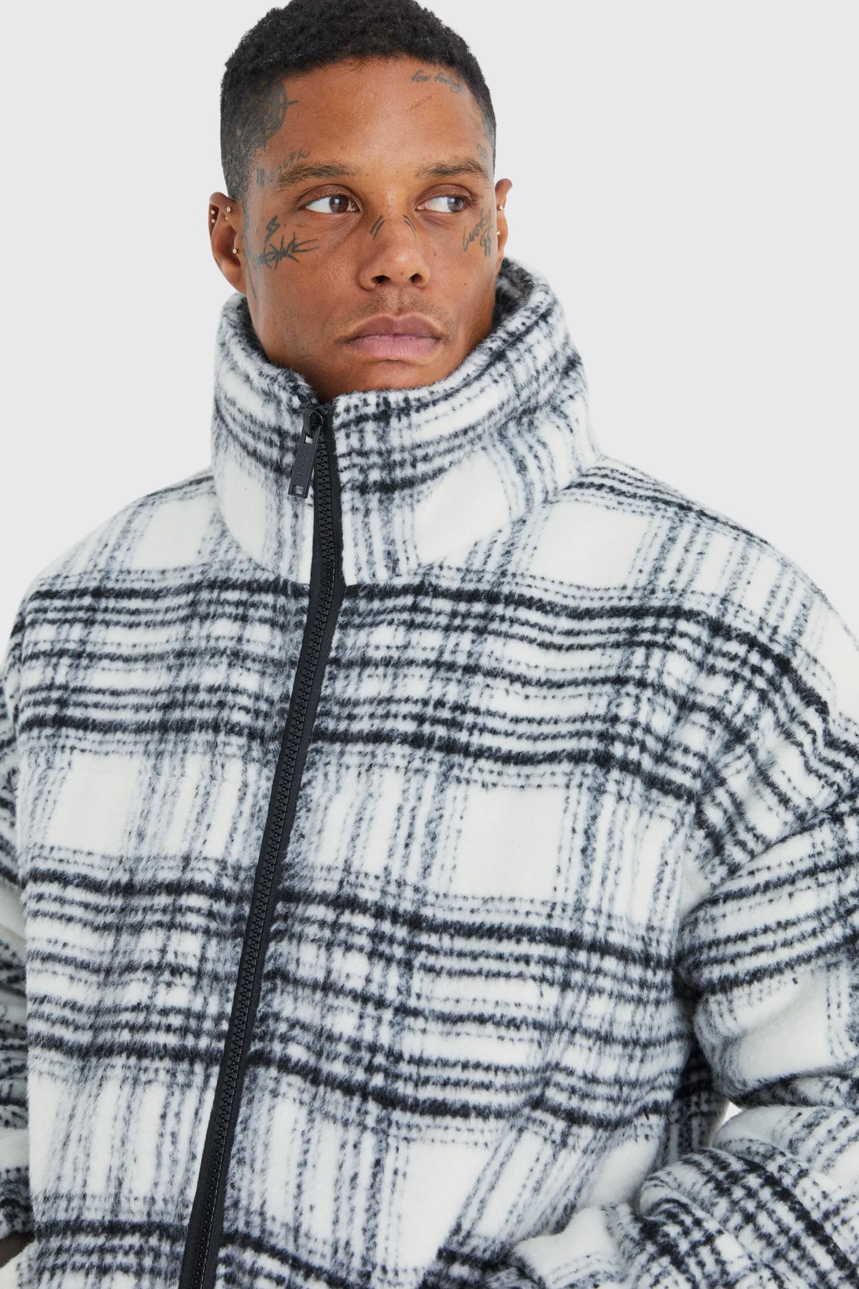 Brushed Check Funnel Neck Puffer | BoohooMAN UK