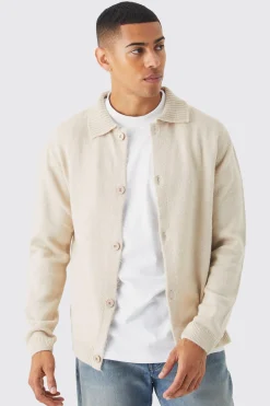 Brushed Knitted Collared Cardigan | BoohooMAN UK