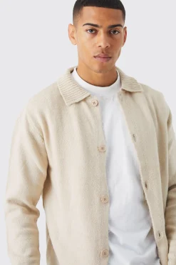Brushed Knitted Collared Cardigan | BoohooMAN UK