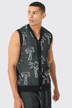 Button Through Palm Ribbed Knit Vest | BoohooMAN UK