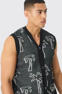 Button Through Palm Ribbed Knit Vest | BoohooMAN UK