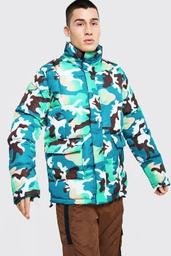 Camo Funnel Neck Puffer | BoohooMAN UK