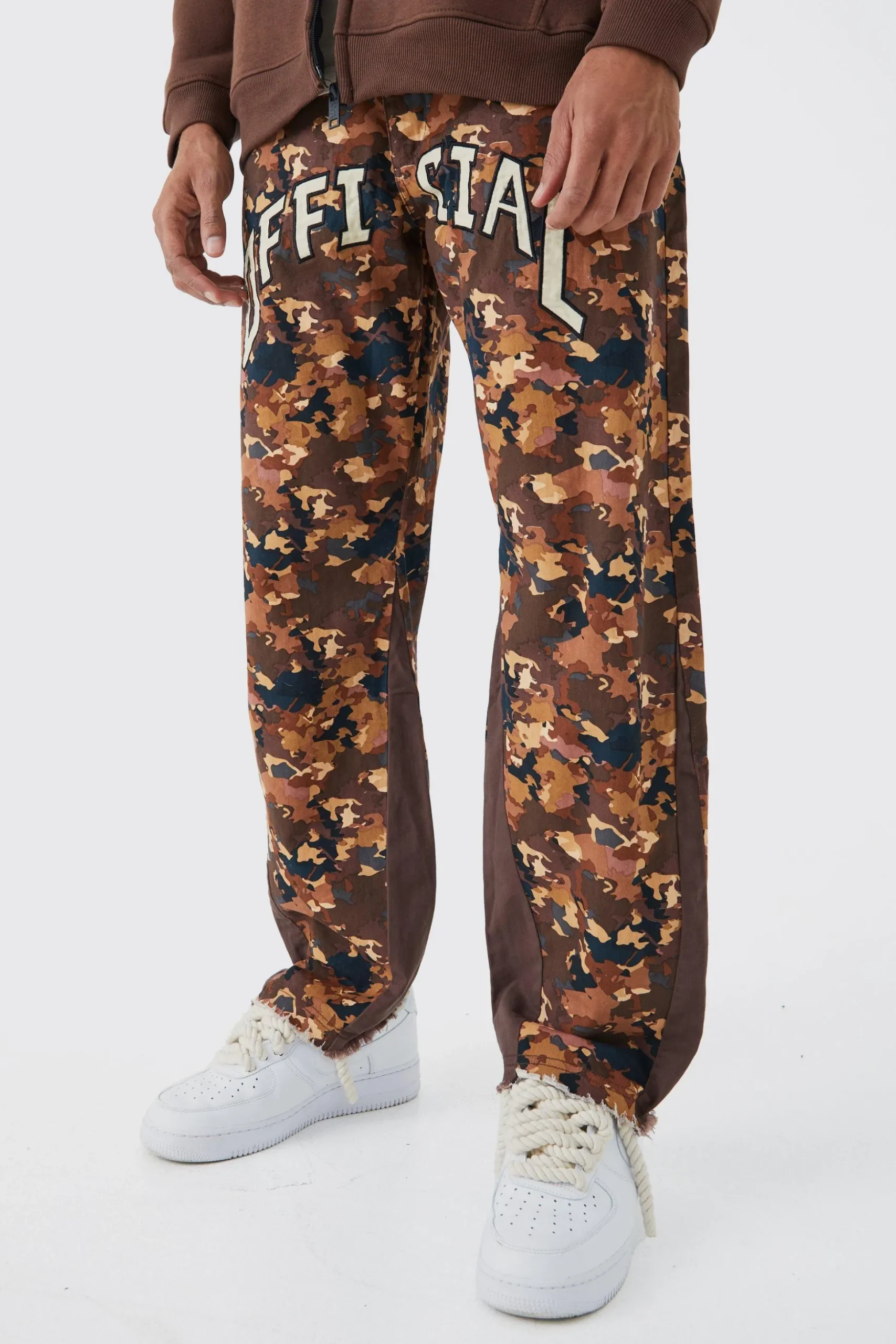 Camo Gusset Detail Official Applique Flared Trousers | BoohooMAN UK