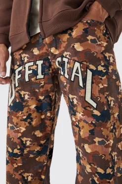 Camo Gusset Detail Official Applique Flared Trousers | BoohooMAN UK