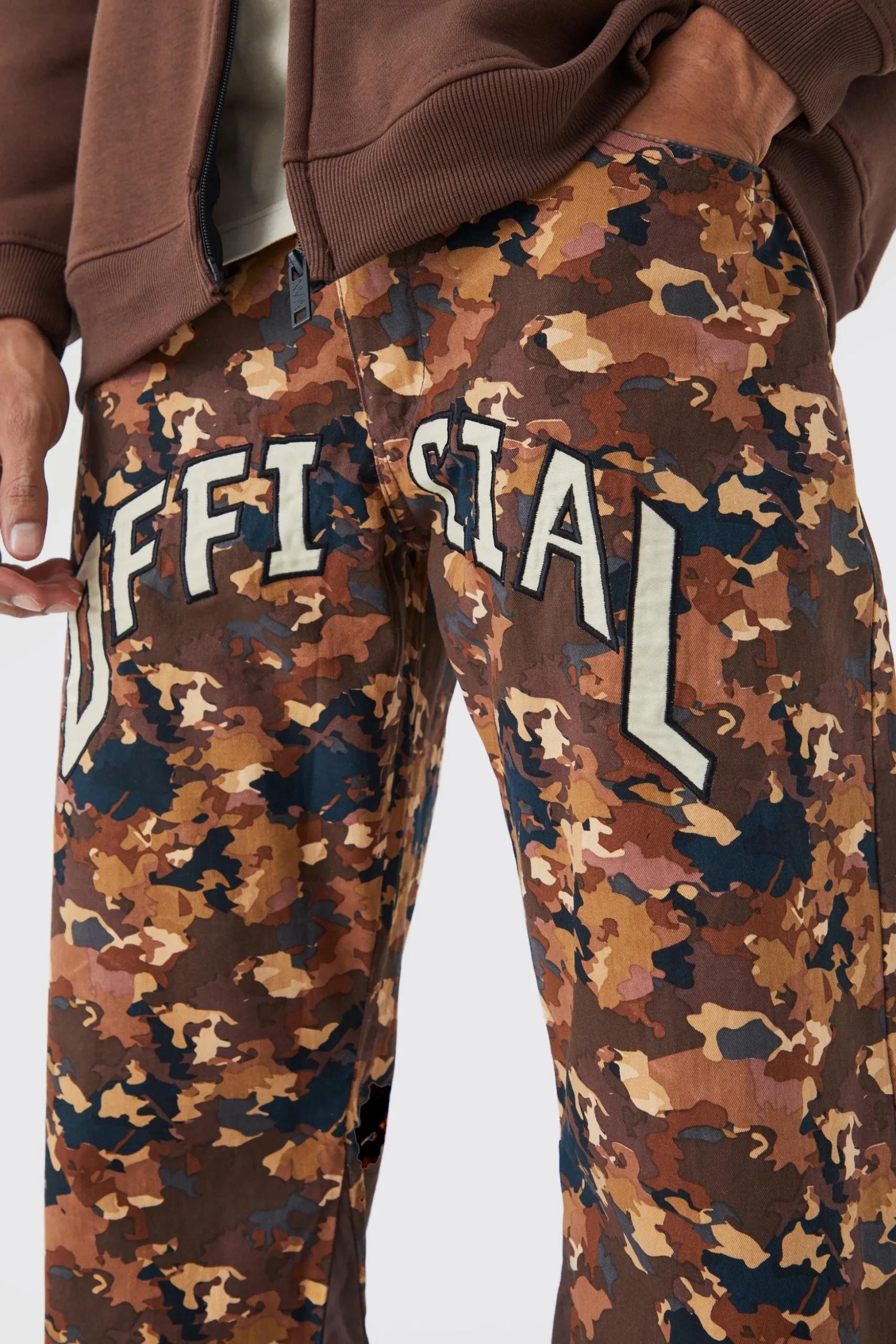 Camo Gusset Detail Official Applique Flared Trousers | BoohooMAN UK