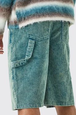 Carpenter Acid Wash Cord Jort In Navy | BoohooMAN UK