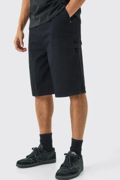 Carpenter Detail Denim Jorts In Black | BoohooMAN UK