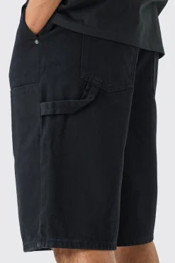 Carpenter Detail Denim Jorts In Black | BoohooMAN UK