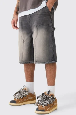 Carpenter Detail Denim Jorts In Antique Grey | BoohooMAN UK