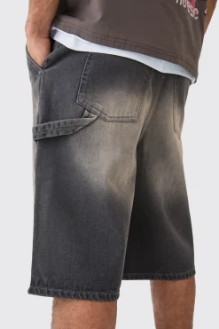 Carpenter Detail Denim Jorts In Antique Grey | BoohooMAN UK