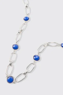 Chain Necklace With Gem Stones In Silver | BoohooMAN UK
