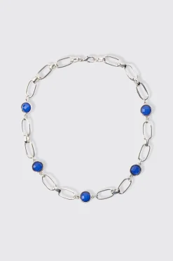 Chain Necklace With Gem Stones In Silver | BoohooMAN UK