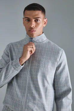 Check High Neck Zip Up Smart Bomber Jacket | BoohooMAN UK