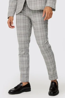 Check Weave Slim Fit Suit Trousers | BoohooMAN UK