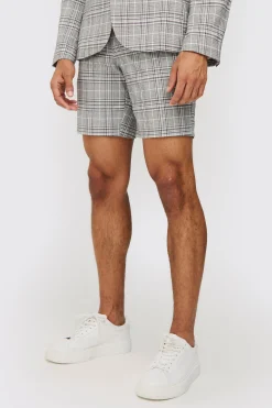 Check Weave Slim Fit Suit Shorts | BoohooMAN UK