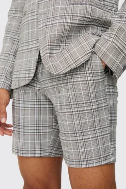 Check Weave Slim Fit Suit Shorts | BoohooMAN UK
