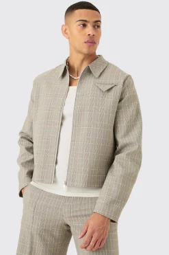 Checked Zip Up Boxy Smart Jacket | BoohooMAN UK