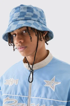 Checkerboard Bucket Hat In Blue | BoohooMAN UK