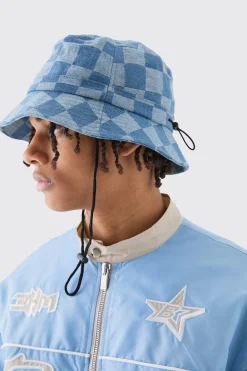 Checkerboard Bucket Hat In Blue | BoohooMAN UK