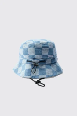 Checkerboard Bucket Hat In Blue | BoohooMAN UK