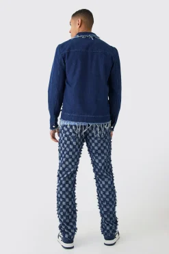 Checkerboard Denim Jacket And Jeans Set | BoohooMAN UK