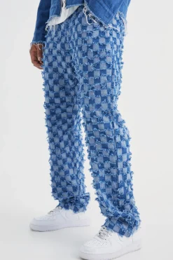 Checkerboard Denim Jacket And Jeans Set | BoohooMAN UK
