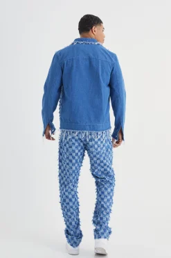 Checkerboard Denim Jacket And Jeans Set | BoohooMAN UK